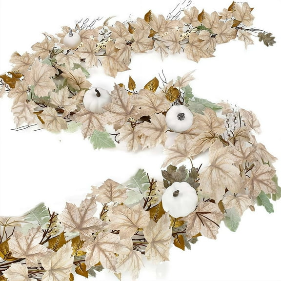 6FT Cotton Fall Garland with Faux Pumpkins & Berries – Thanksgiving Halloween Mantle Fireplace Farmhouse Harvest Decorations for Home Outdoor Indoor Porch