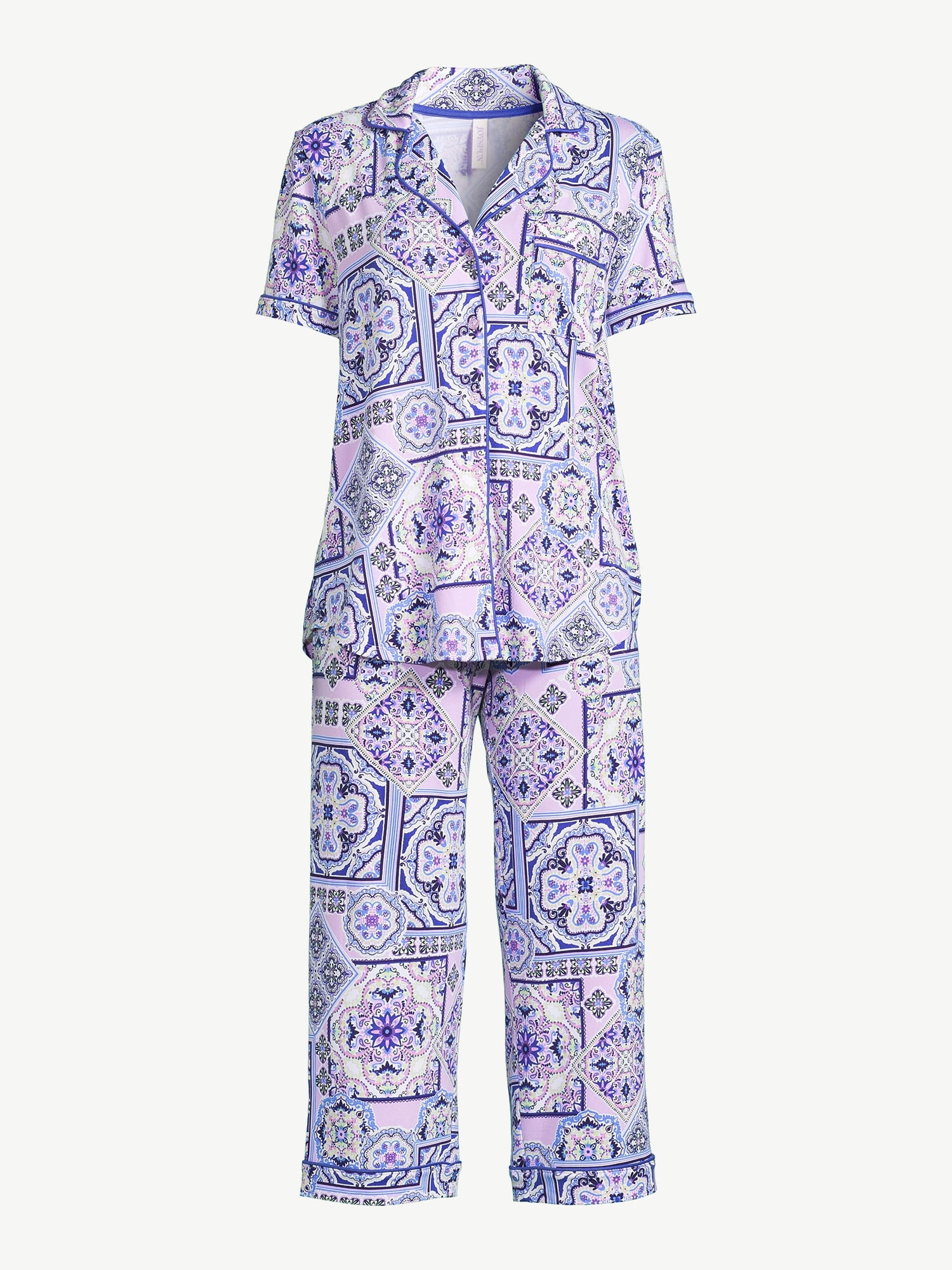 Joyspun Women's Notch Collar Top and Capris Sleep Set, 2-Piece, Sizes S to 3X