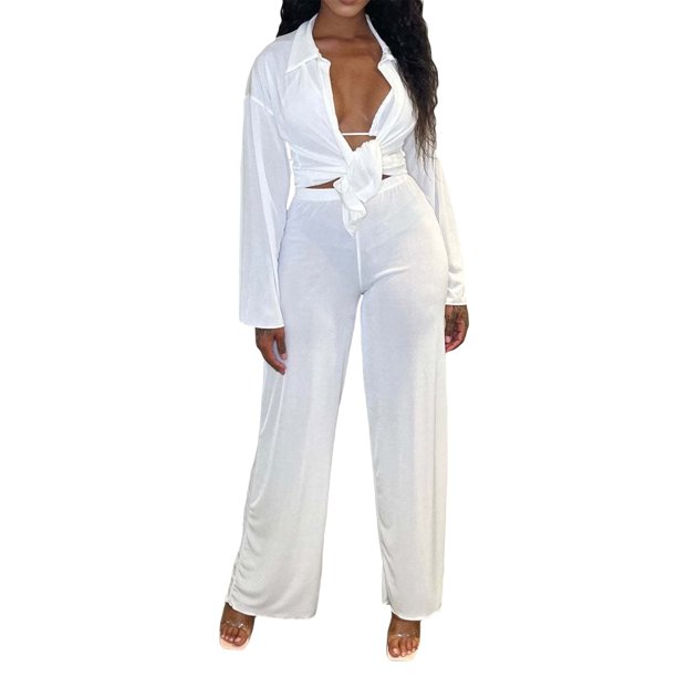 SAYOO Ropa de mujer de 3 piezas, blusa común, sujetador de tirantes, pantalones SAYOO moda
