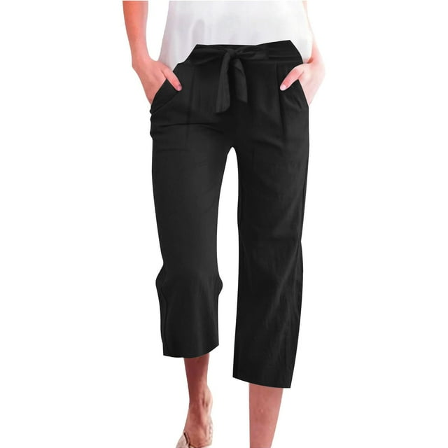 Business Casual Pants Women Plus Size High Waisted Straight Leg Capri Work Pants with Pockets Polyester Regular Length