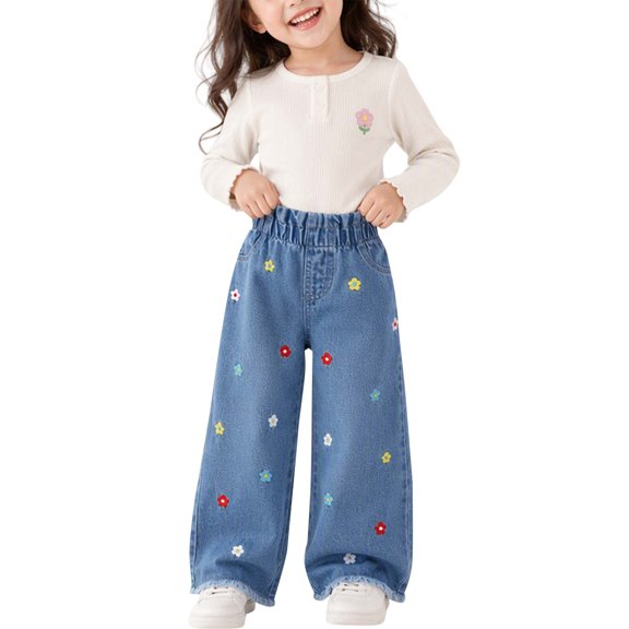 YunPes Toddler Girls Straight Leg Jeans Colorful Flower Embroidery Wide Leg Denim Pants Frayed Hem Kids Casual Versatile Denim Trousers