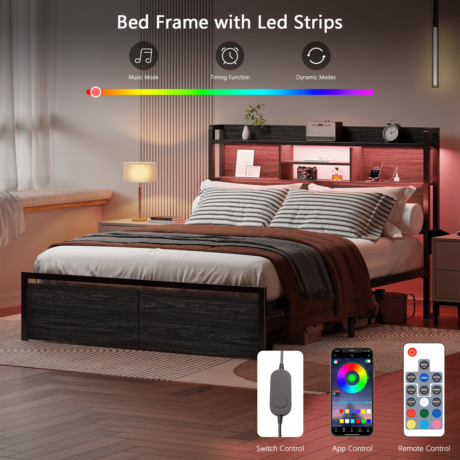 Satifur Queen Bed Frame with 2 Drawers & Headboard Storage Shelf, Noise Free, Black