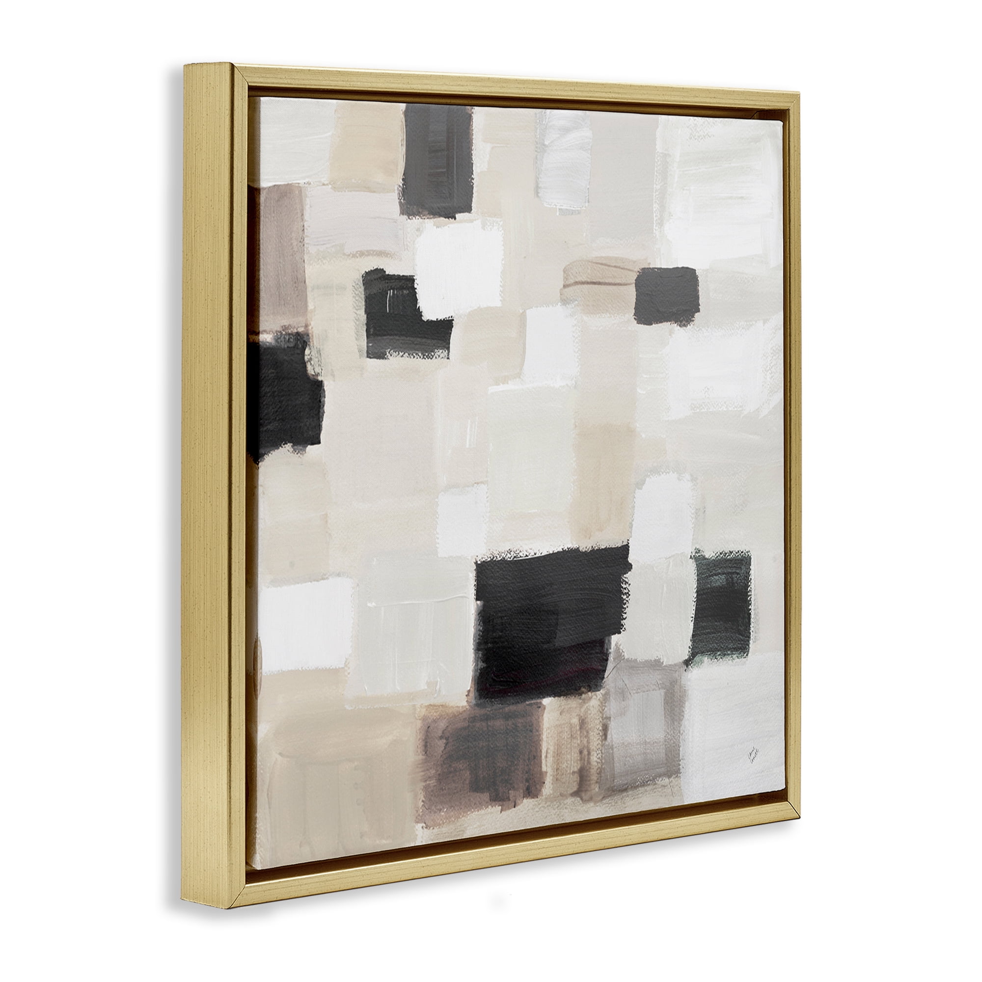 Stupell Industries Natural Square Patchwork Abstract Painting Gold Floater Framed Canvas Art Print Wall Art, 25 x 25