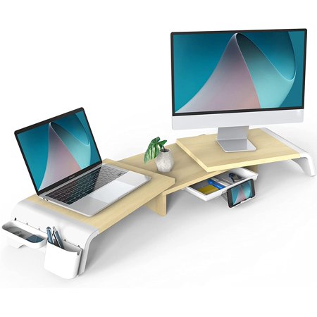 Removable Slot Dual Monitor Stand - 3 Shelf Adjustable Length and Angle, 42.1'' Desk ...
