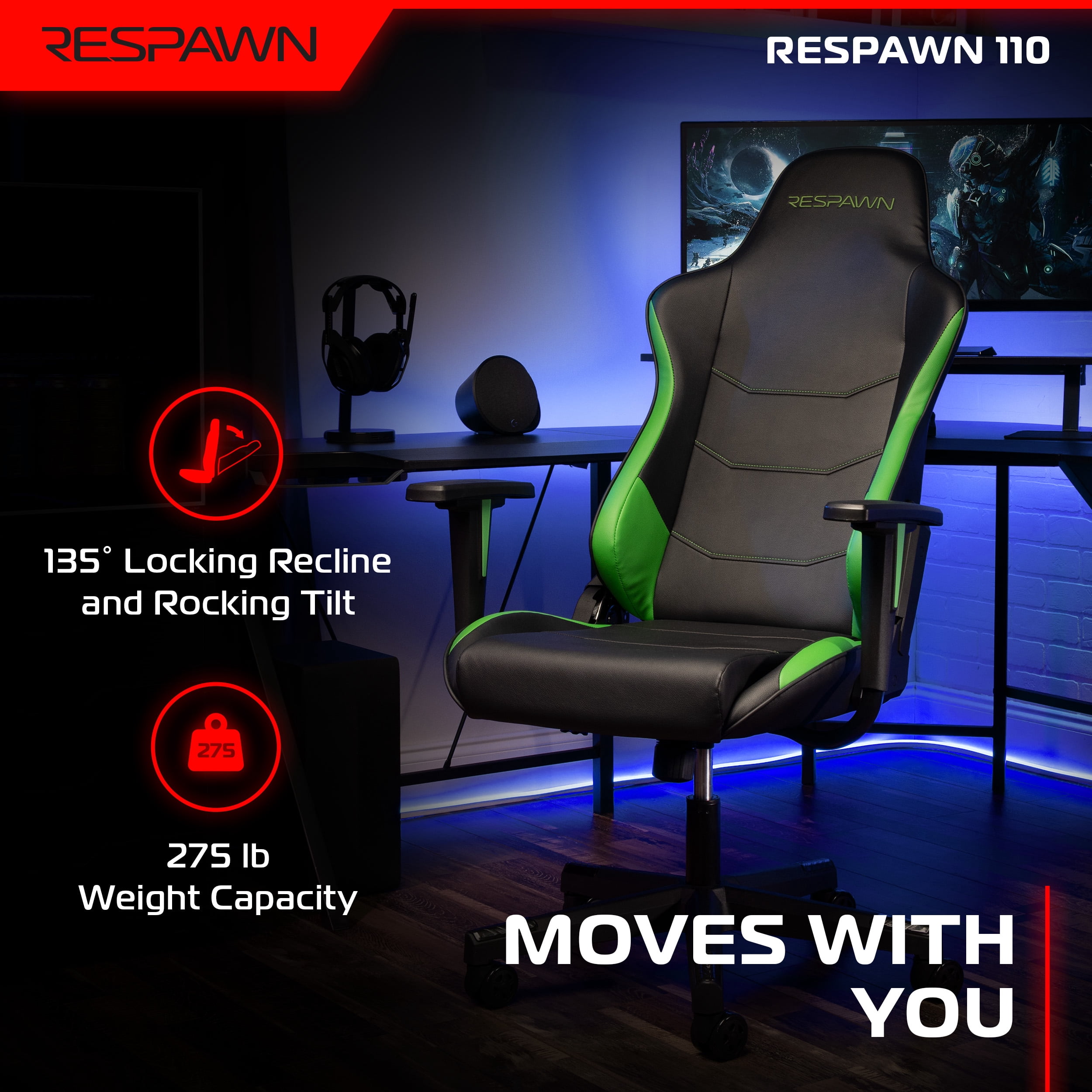 RESPAWN 110 Ergonomic Gaming Chair - Reclining Office Video Game Swivel Chair with Lumbar Support, Headrest, Heavy Duty, High Back, Racing Style Gaming Recliner Seat for Computer Gamer - Green