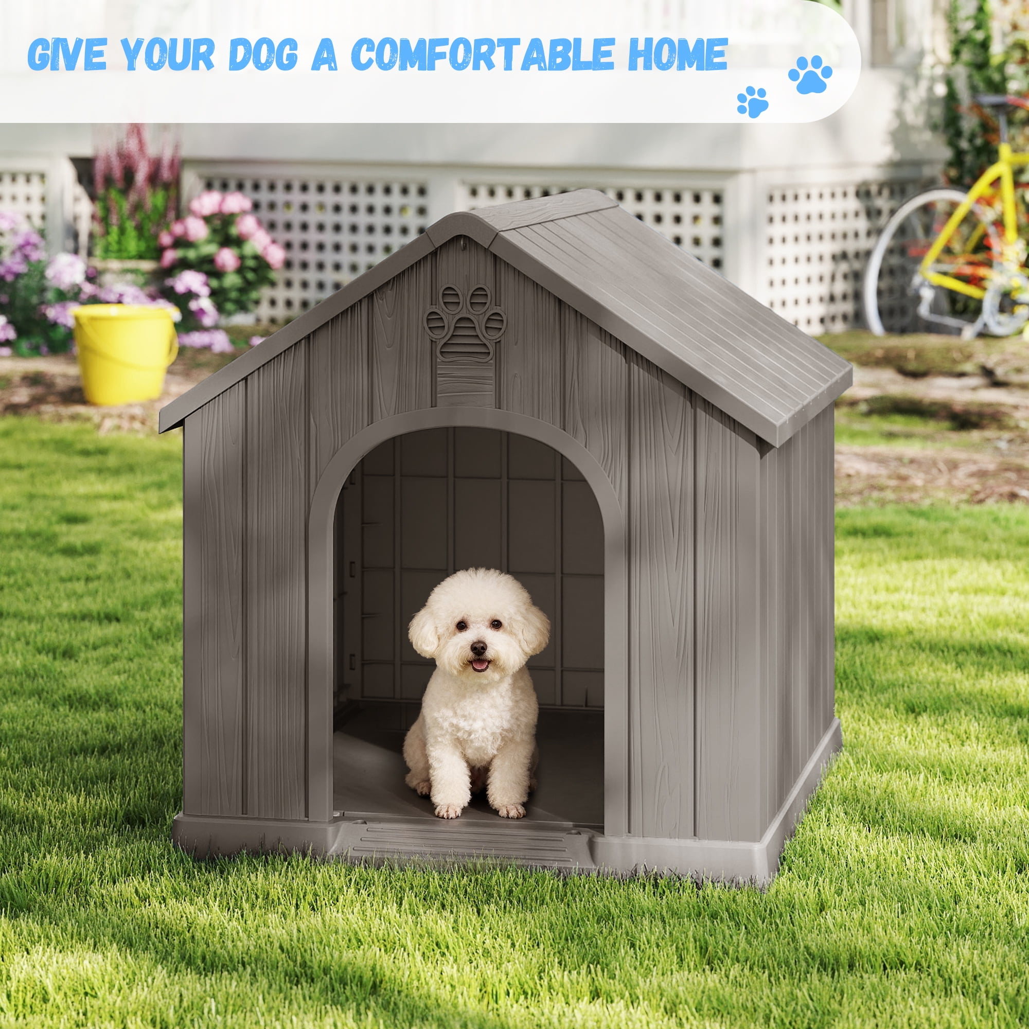 FICARTS Indoor/Outdoor Weather-Resistant Dog House, Elevated Pet Shelter with Sloped Roof & Ventilation, Durable Dog Kennel for Medium to Large Dogs