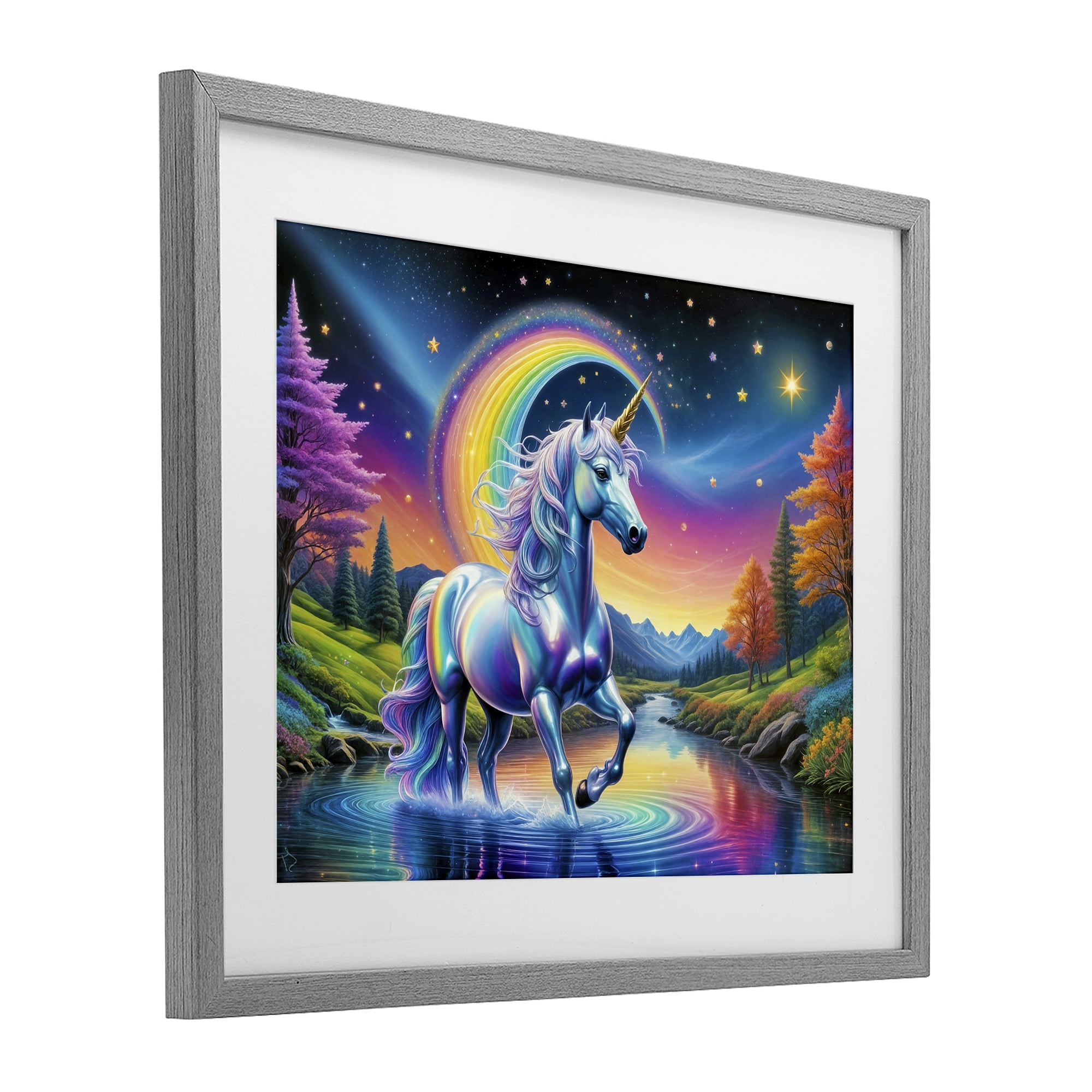 Stupell Industries Rainbow Prism Unicorn Gray Framed Print Under Glass, design by Tabz Jones