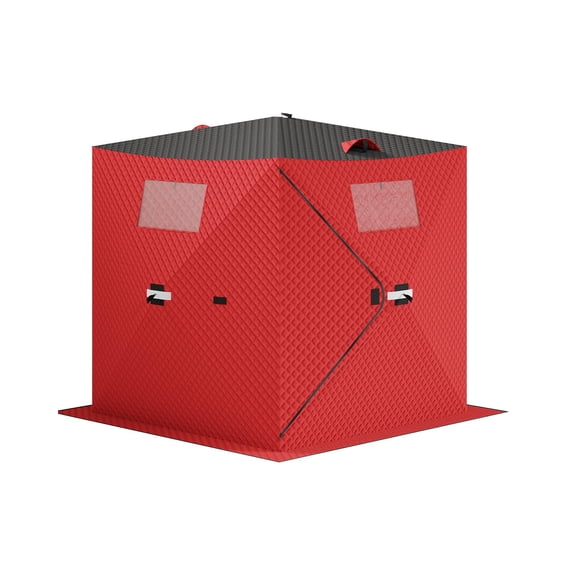 Pop-Up Ice Fishing Tent 3-4 Person 70.8"x70.8"x77.74" Hub-Style Insulated Ice Fishing Shelter with Carrying Bag, Zippered Door, Wind Rope & Anchors, Red   Black