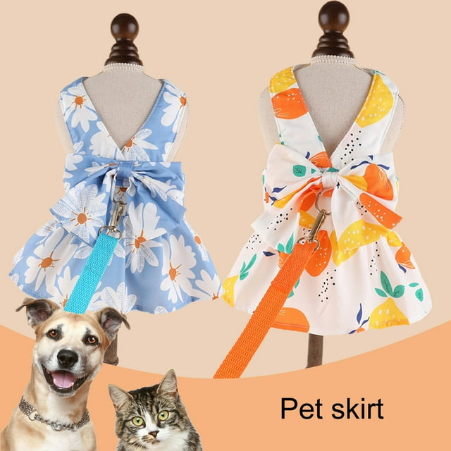CBFFDC Robe Imprimée Chrysanthème Ensemble Chien Mignon et Laisse avec Décoration Nœud Princesse pour Activités Extérieures Printemps Été