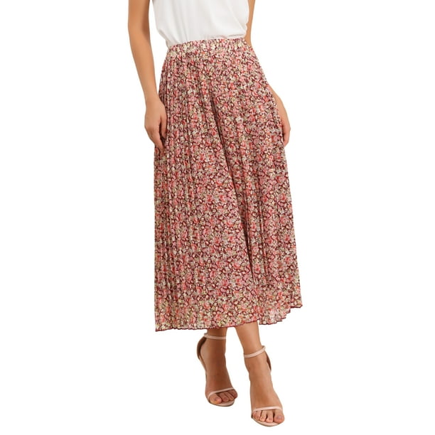 Falda Floral Inspire Chic para Mujeres 2026 A Línea de Cintura Alta Casual Boho Verano Midi Falda L Roja