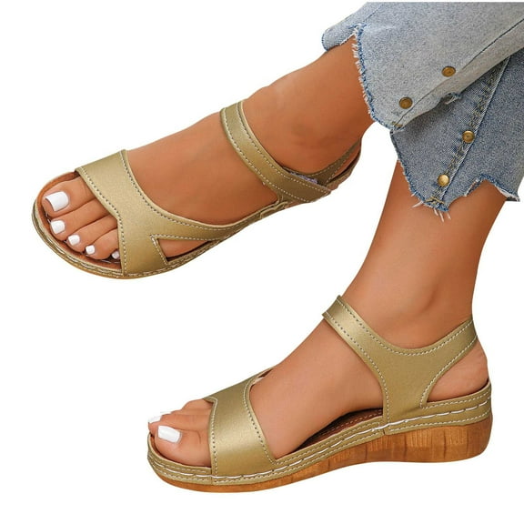 THDHVS Wedge Sandals for Women,Women's Sandals,Flat Sandals Open Toe Elastic Ankle Strap Slip on Comfy Low Wedge Sandals Gold 5.5