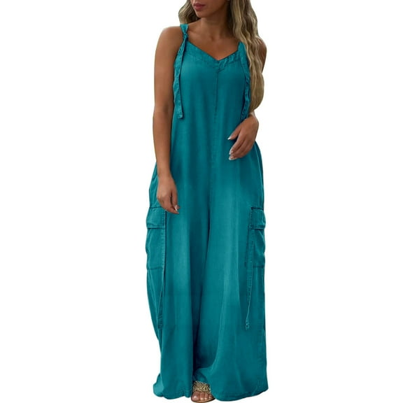 GILIGEGE Baggy Overalls for Women Loose Fit Wide Leg Jumpsuits with Pockets Casual Oversized Rompers Long Cargo Pants 2025 Overalls for Casual Sleeveless Suspender Jumpsuits V Neck Loose Rompers