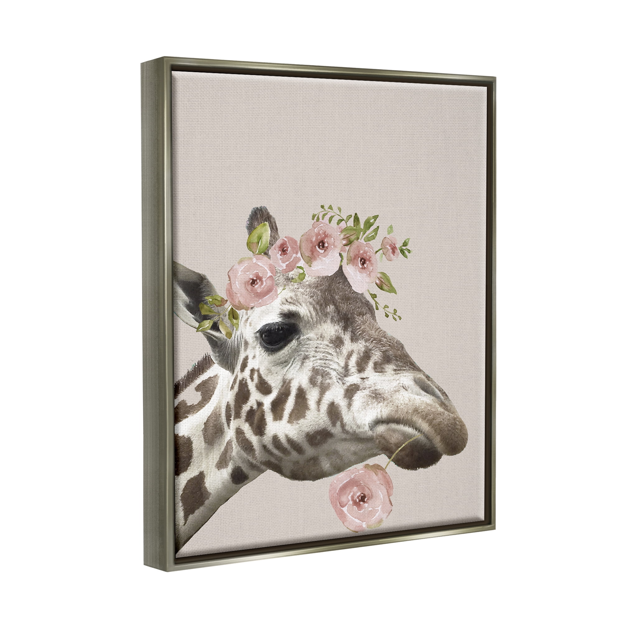 Stupell Industries Giraffe with Rose Crown Animals & Insects Painting Gray Floater Framed Canvas Art Print Wall Art, 25 x 31