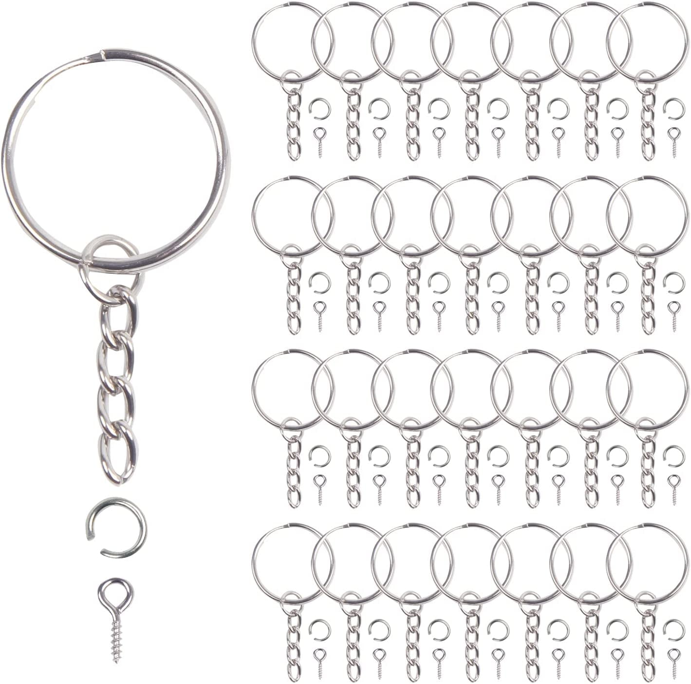 300 Silver Key Chain Rings Kit Keychain Rings Chain 100 Jump Ring 100 Screw  Eye Pins Jewelry Findings 3/5 Inch 4/5 Inch 1 Inch 6/5 Inch 