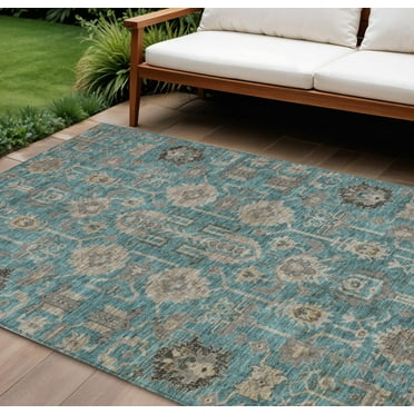 9' X 12' Teal Blue Aqua And Beige Oriental Washable Indoor Outdoor Area Rug