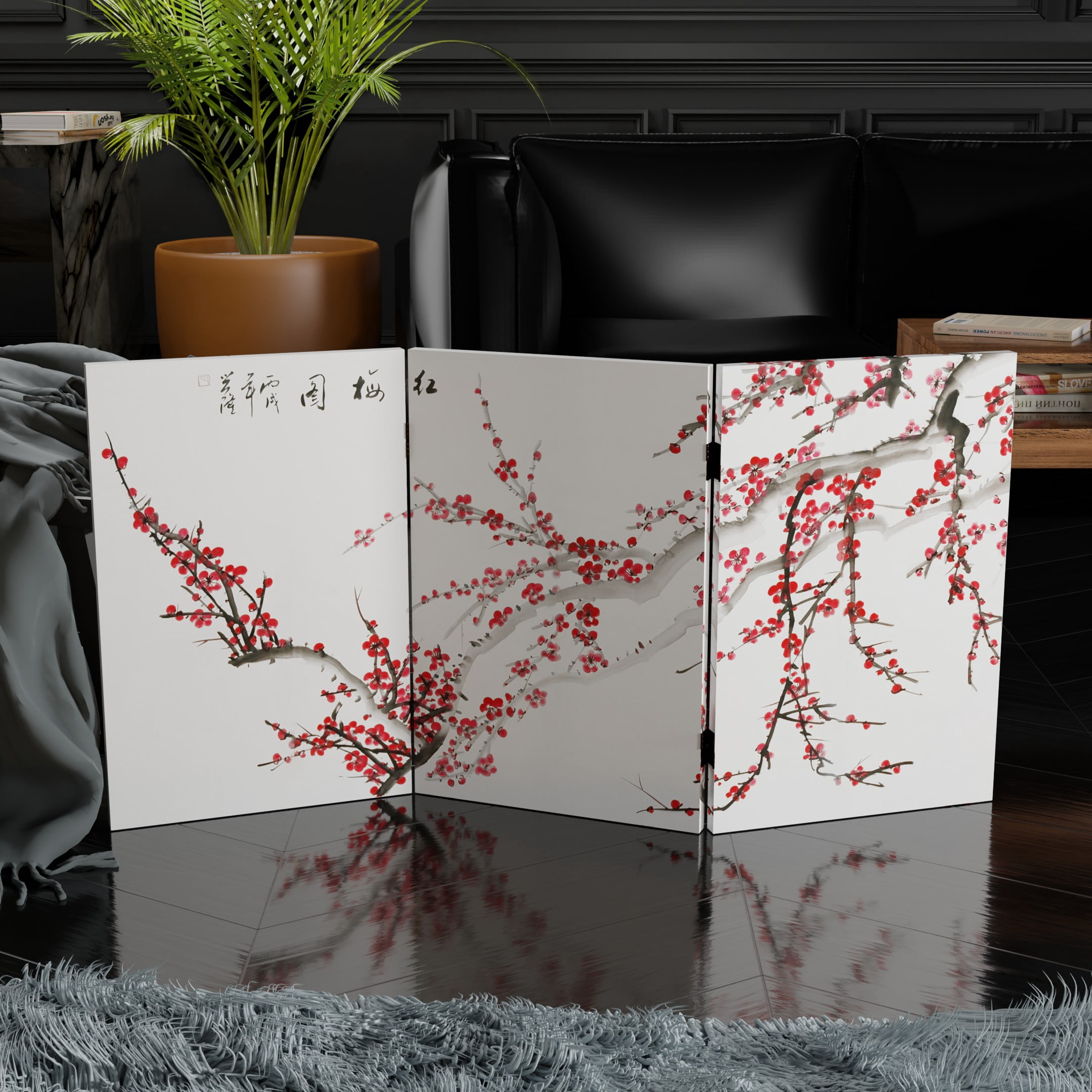 2 ft. Short Double Sided Plum Blossom Canvas Folding Screen