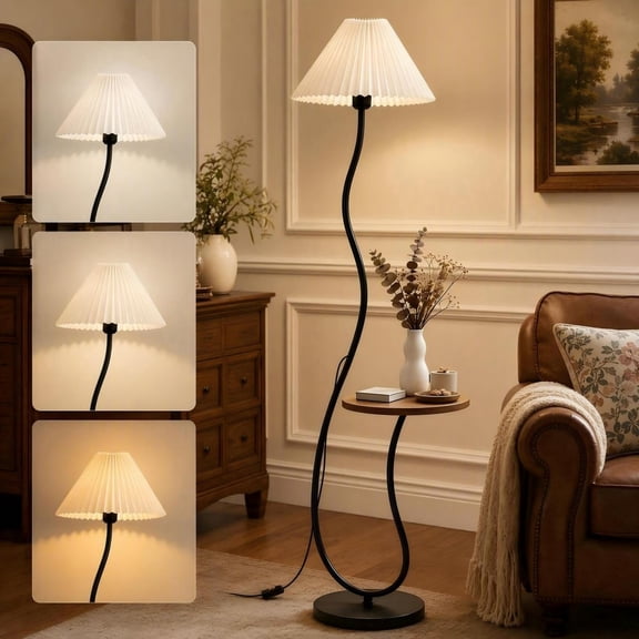 Yucurem Floor Lamp with End Table, 3-Color Temp 12W LED Bulb, 63" Farmhouse Tall Lamp for Bedroom Living Room, Rustic Brown