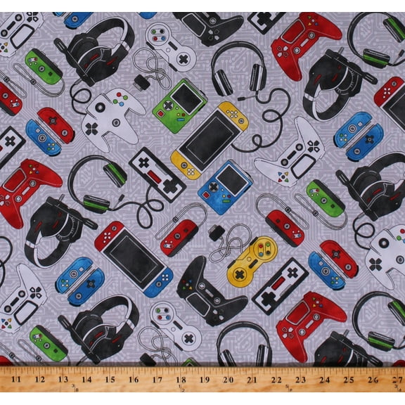 Cotton Video Game Controllers Gaming Zone Games Headphones Kids Gray Cotton Fabric Print by the Yard (24570-94)
