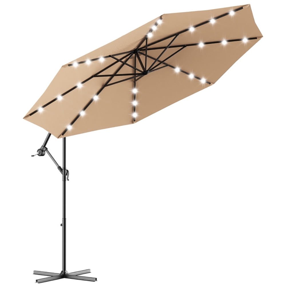 Aimee Lii 10 Feet Patio Hanging Solar LED Umbrella Sun Shade with Cross Base, Table Umbrella Outdoor Patio, Beige Aimee Lii 10 Feet Patio Hanging Solar LED Umbrella Sun Shade with Cross Base, Table Umbrella Outdoor Patio, Beige
