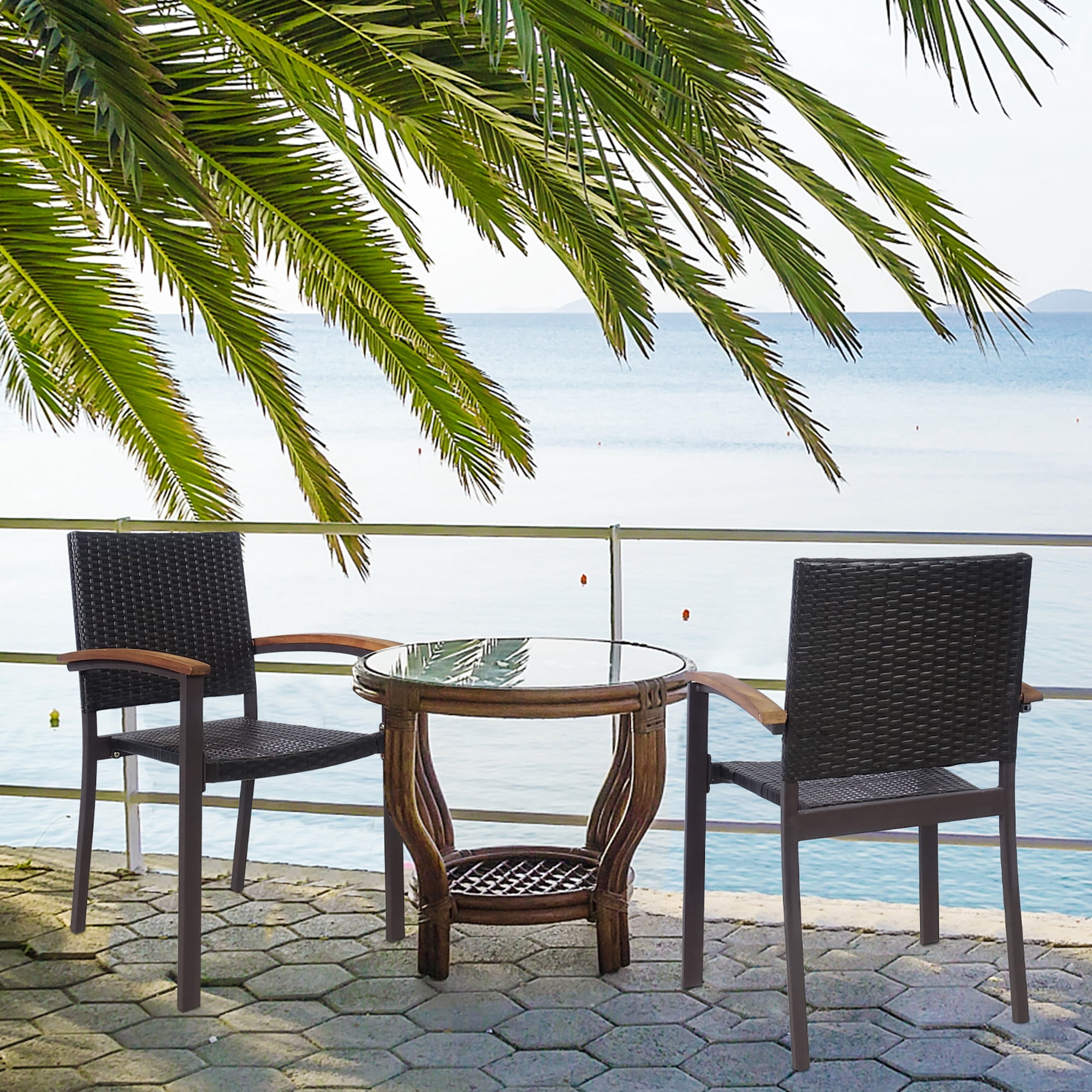 Costway Set of 4 Outdoor Patio PE Rattan Dining Chairs Armrest Stackable Garden