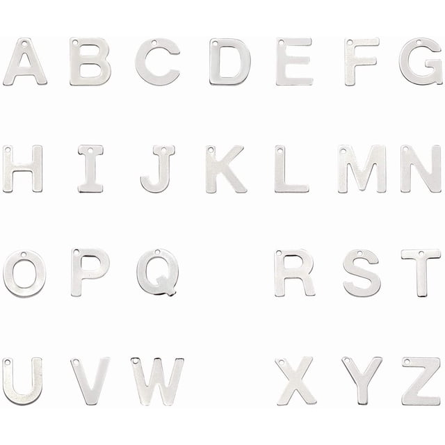 52 colgantes de letras de acero inoxidable de la A a la Z, colgantes de metal plateado con letras mayúsculas del alfabeto.