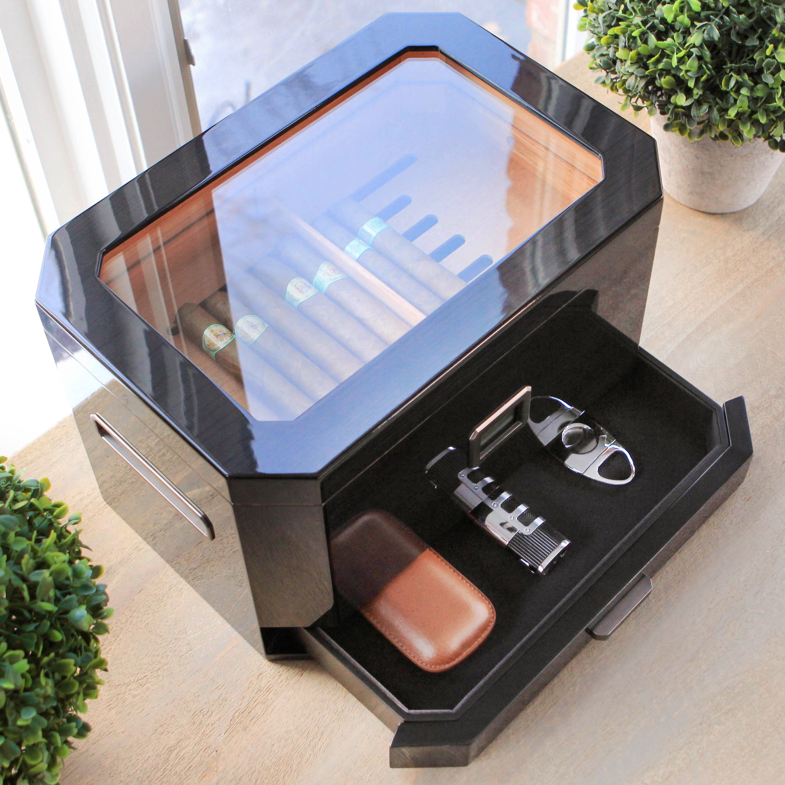 Octodor Large Black Piano Finish Glass Top Cedar Humidor Holds (50-100 Cigars) by Case Elegance