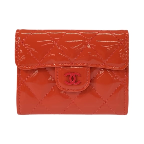 Pre-Owned CHANEL Matelass Coco Mark Orange Patent Leather Wallet/Coin Purse/Card Case for...
