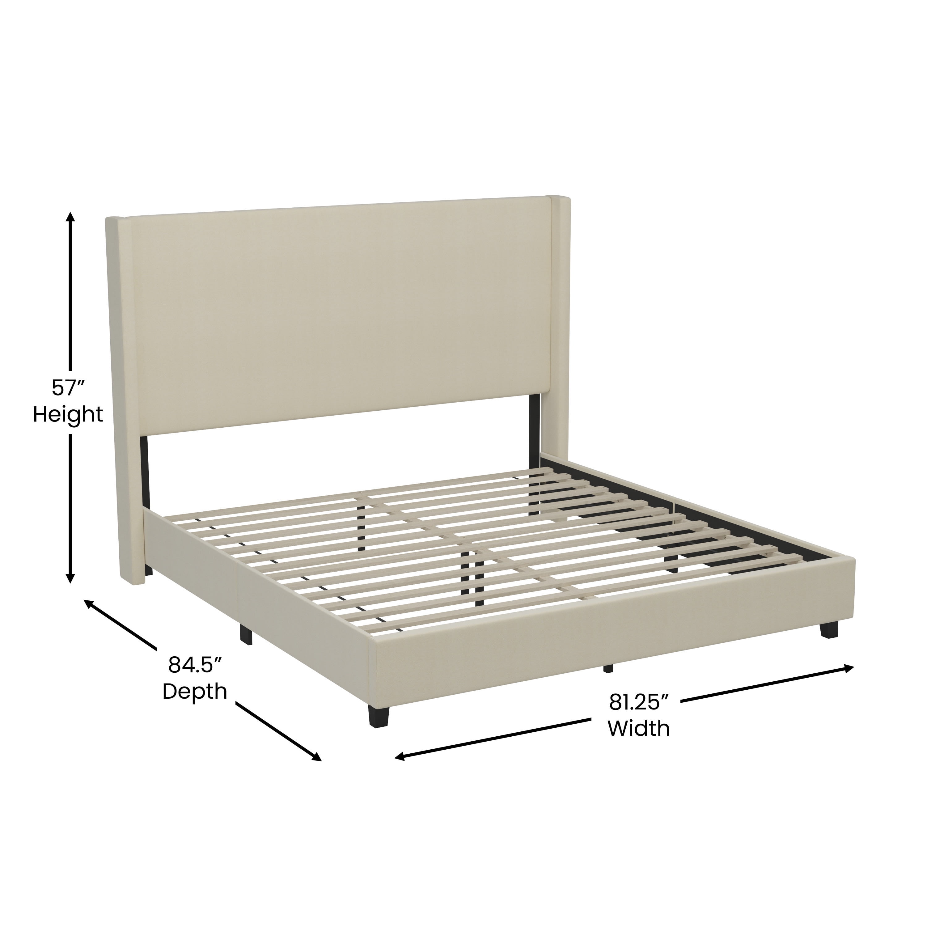Merrick Lane Modern Platform Bed with Upholstered Wingback Headboard, King Size, Beige