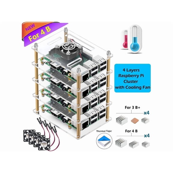 Raspberry Pi 4 B Cluster Case Raspberry Pi 4 Case with Cooling Fan and Raspberry Pi 4 Heatsink for Raspberry Pi 4 Model B 3 B Pi 3 B Pi 2 B Pi B - 4-Layers