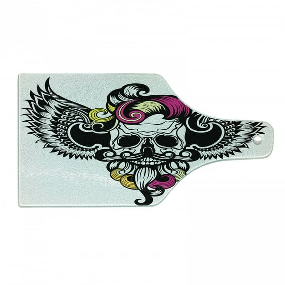 Gothic Cutting Board, Crazy Design Skull with Swirling Beard Hair and Wings, Decorative Tempered Glass Cutting and Serving Board, in 3 Sizes, by Ambesonne