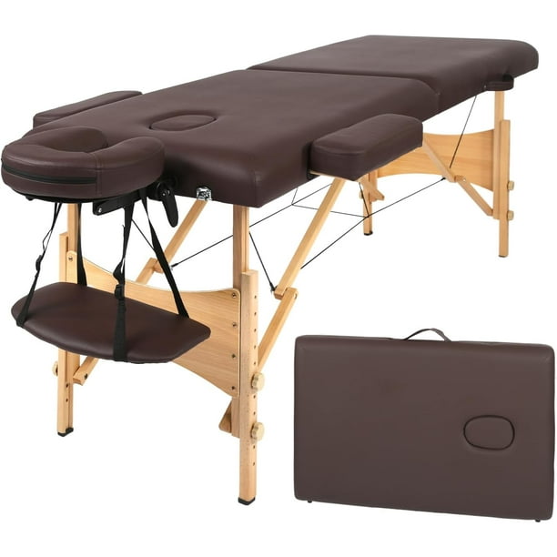 Table de Massage Lit de Massage Lit de Spa Hauteur Réglable Salon Lit 73 Pouces Massage Portable 2 Table Pliante W / Carry Case Visage Berceau Lit, Brown