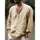 thumbnail image 2 of Camisa de lino de algodón para hombre, camiseta holgada informal de moda de otoño con cordón para hombre, camiseta de manga larga de Color puro para playa, Yoga, caqui M, 2 of 7