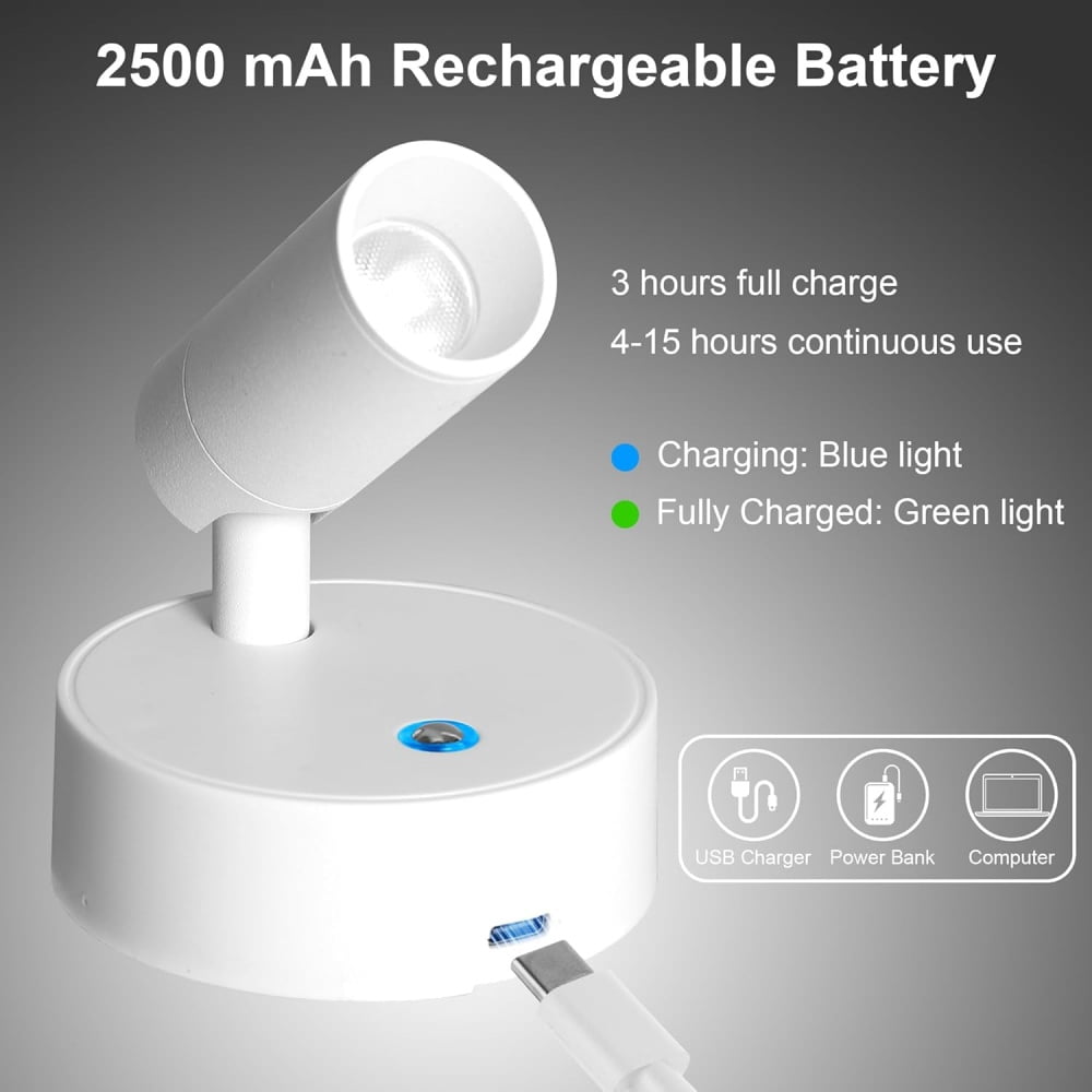 Indoor Wireless LED Spotlight, Indoor Plant Spotlight, Remote Dimmable, 350 ° Rotating, Rechargeable Upward Battery Powered, Ceiling Light for Artwork Painting Plant Picture Light White (4 PCS)