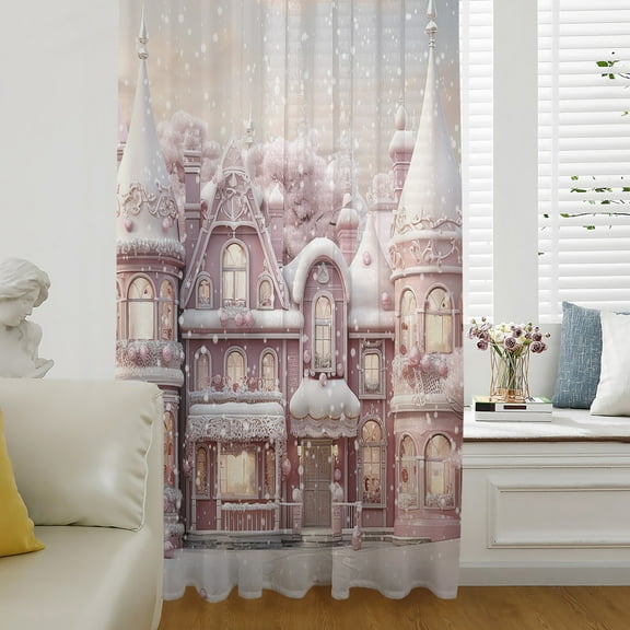 Pink Christmas Semi Sheer Curtains Drapes for Living Room, Bedroom, French Doors Window 63 Inches Long, Xmas House Pink Winter Snowflake Rod Pocket Chiffon Curtain Drapery Voile Draperies Panel