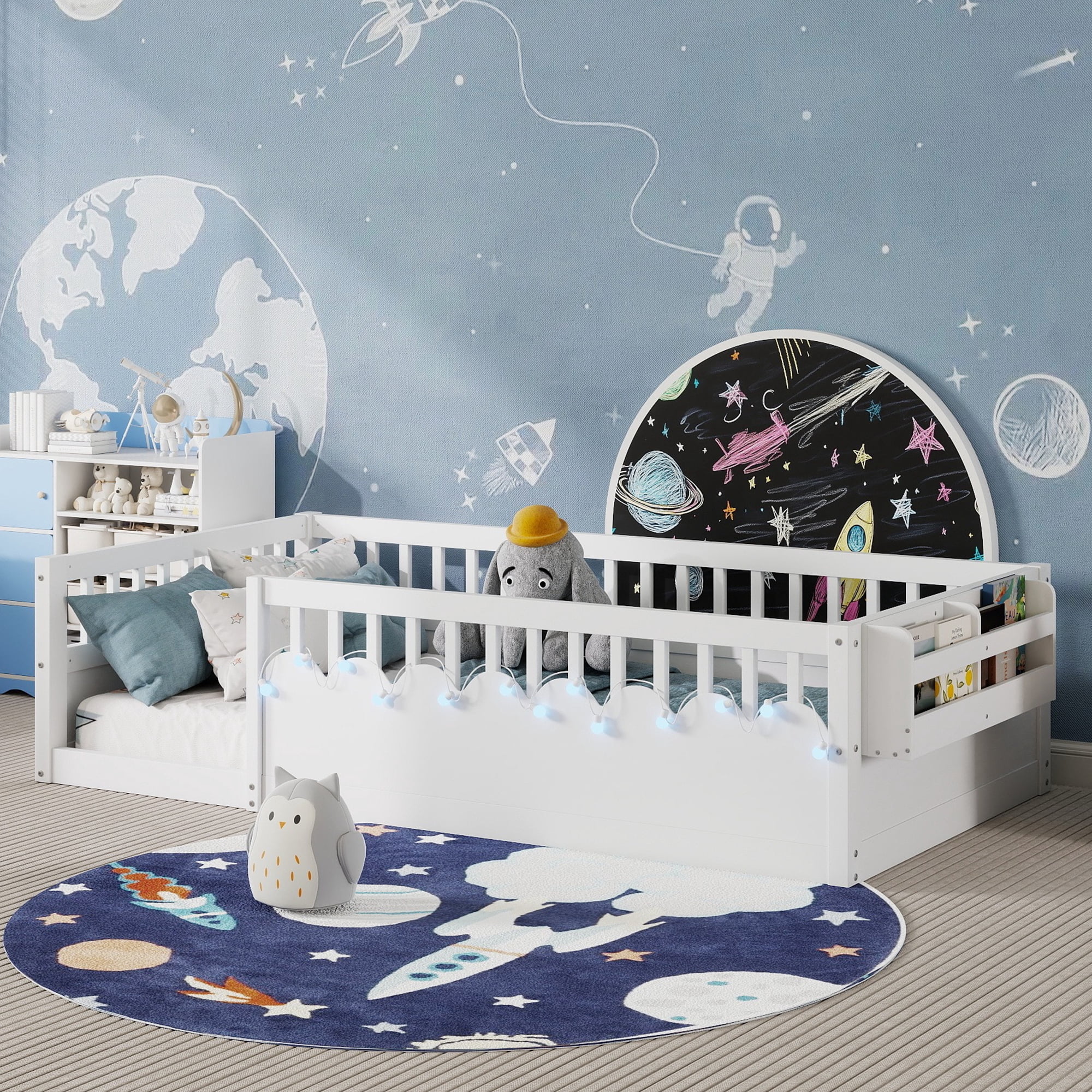 Euroco Wood Twin Size Montessori Floor Bed with Guardrails and LED Light, Kids Bed with Storage Shelves, White