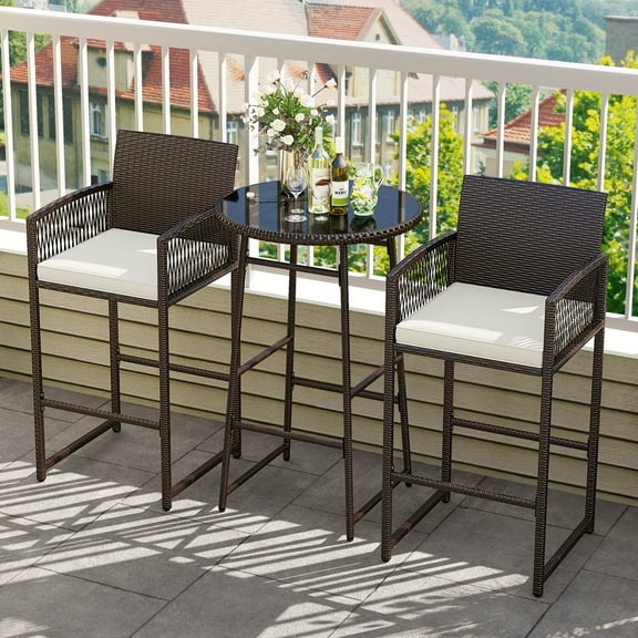 Costway 3 Piece Wicker Patio Bar Set with 2 Seat Cushions Glass Tabletop for Backyard