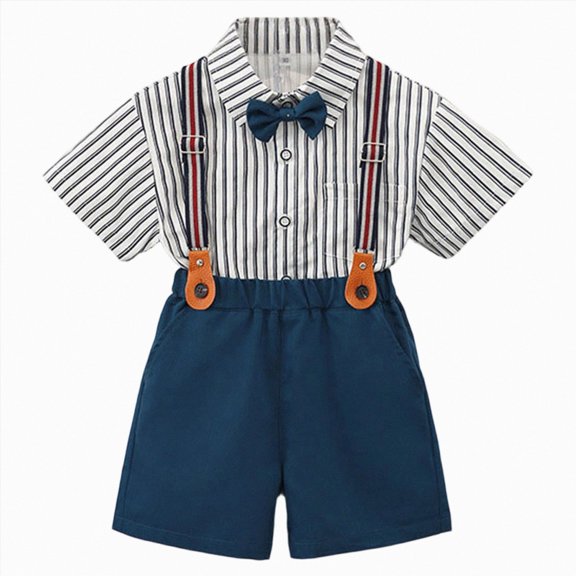 CAICJ98 Toddler Baby Boy Suit Clothes Gentleman Wedding Outfits Long Sleeve Dress Shirt Suspender Pants Bowtie 1-5T Toddler Clothes for Boys (Navy,5-6 Years)