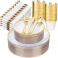thumbnail image 1 of Morejoy 350pcs Gold Plastic Dinnerware Set - Clear Plastic Plates for 50 Guests include 100 Gold Disposable Plates, 50 Pre Rolled Napkins with Silverware,50 Cups Perfect for Wedding & Party, 1 of 8