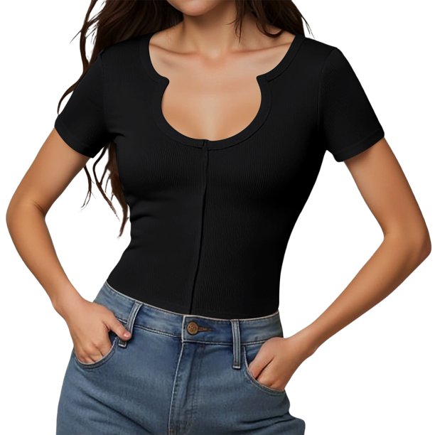 Blusa sexy de cuello en U y manga corta ajustada para mujer - Top elástico acanalado para salir por la noche o para el día a día