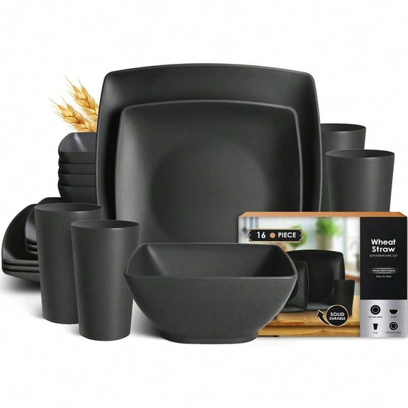 WFPXAMLZZMD 16‑Piece Plastic Wheat Straw Square Dinnerware Set for 4, Unbreakable Dinner Plates, Salad Plates, Snack Bowls, Tumblers 13.5 Oz, Dishwasher , Kitchen Outdoor Camping,Black.