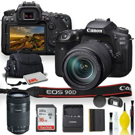 Image of Canon EOS 90D DSLR Camera With 18-135mm Lens Canon EF-S 55-250mm f/4-5.6 IS STM Lens Soft Padded Case Memory Card and More