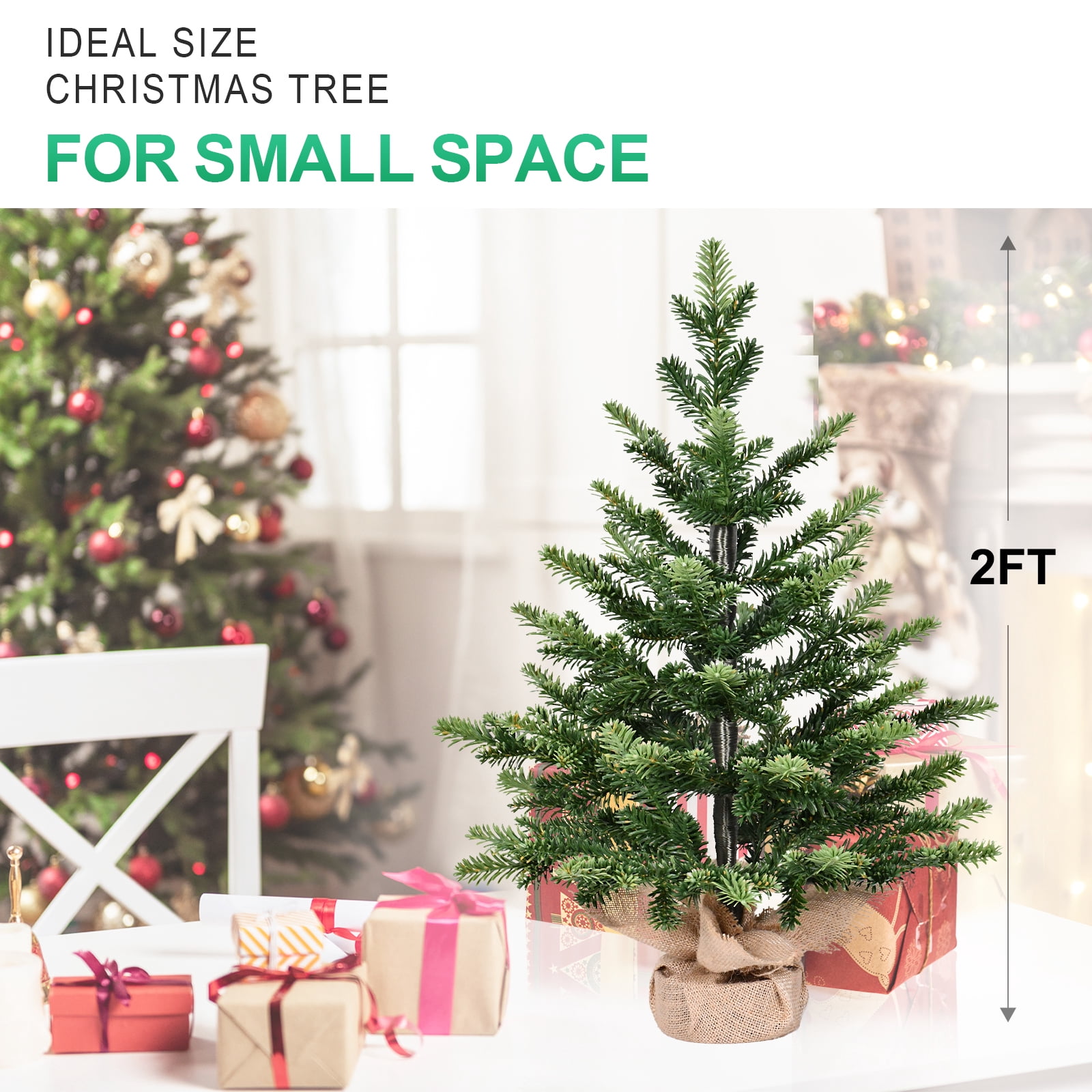 2ft Full PE Tabletop Christmas Tree 230 Tips Plastic Cement Base Compact Holiday Decor