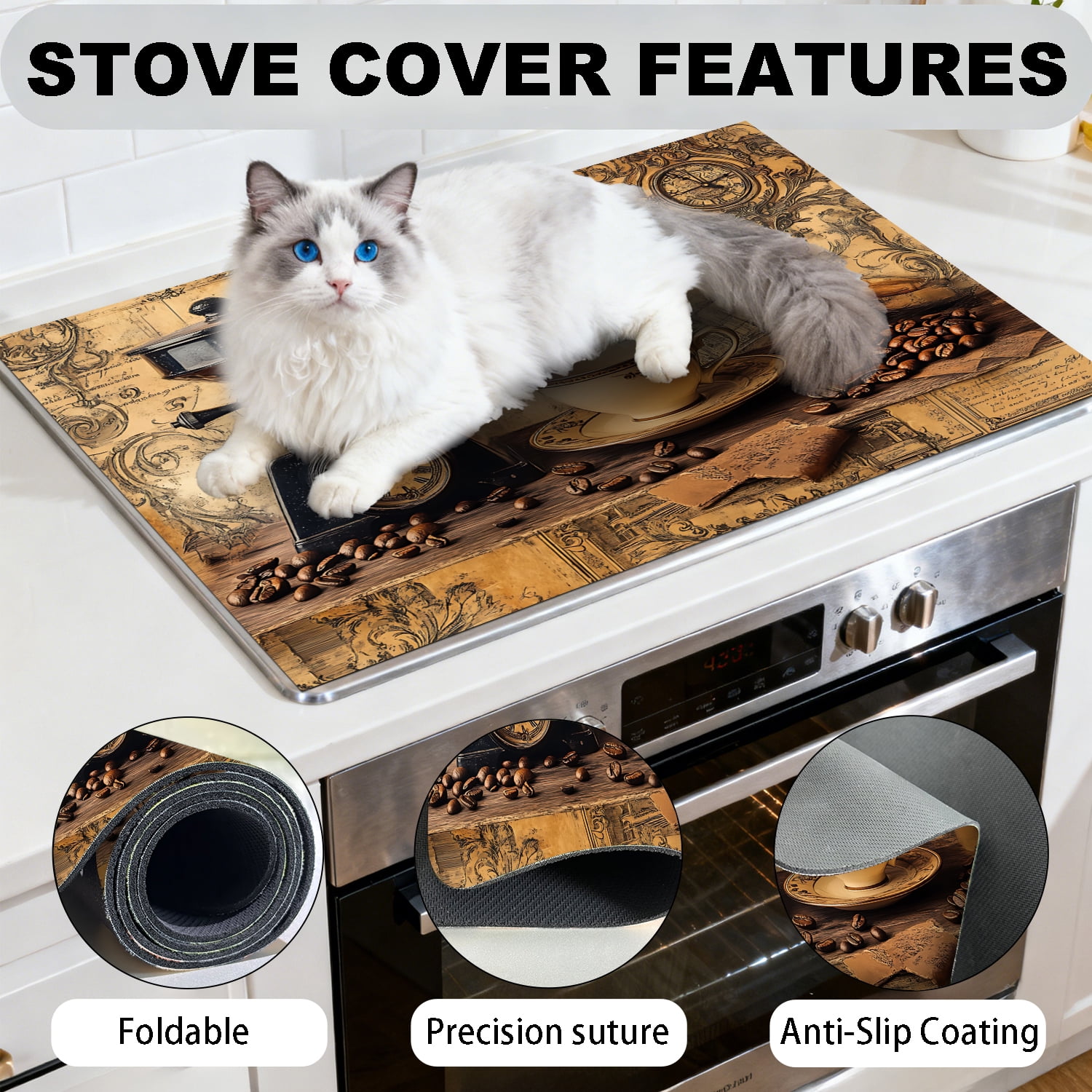 Stove Top Cover for Electric Stove, 28.5" x 20.5" Heat Resistant Glass Cooktop Cover Mat, Multi-Purpose Countertop Protector for Stove & Washer Top, Vintage Coffee Theme