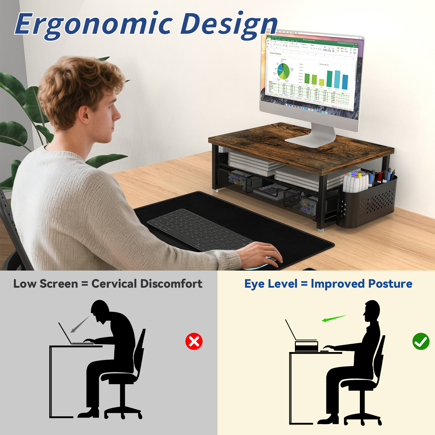 MEHOOM 3-Tier Wooden Monitor Stand Riser with Drawer and Pen Holders, Desk Organizer and Accessories for Laptop, Office, Dorm Desktop Setup, Classroom Desk Accessories & Workspace Organizers