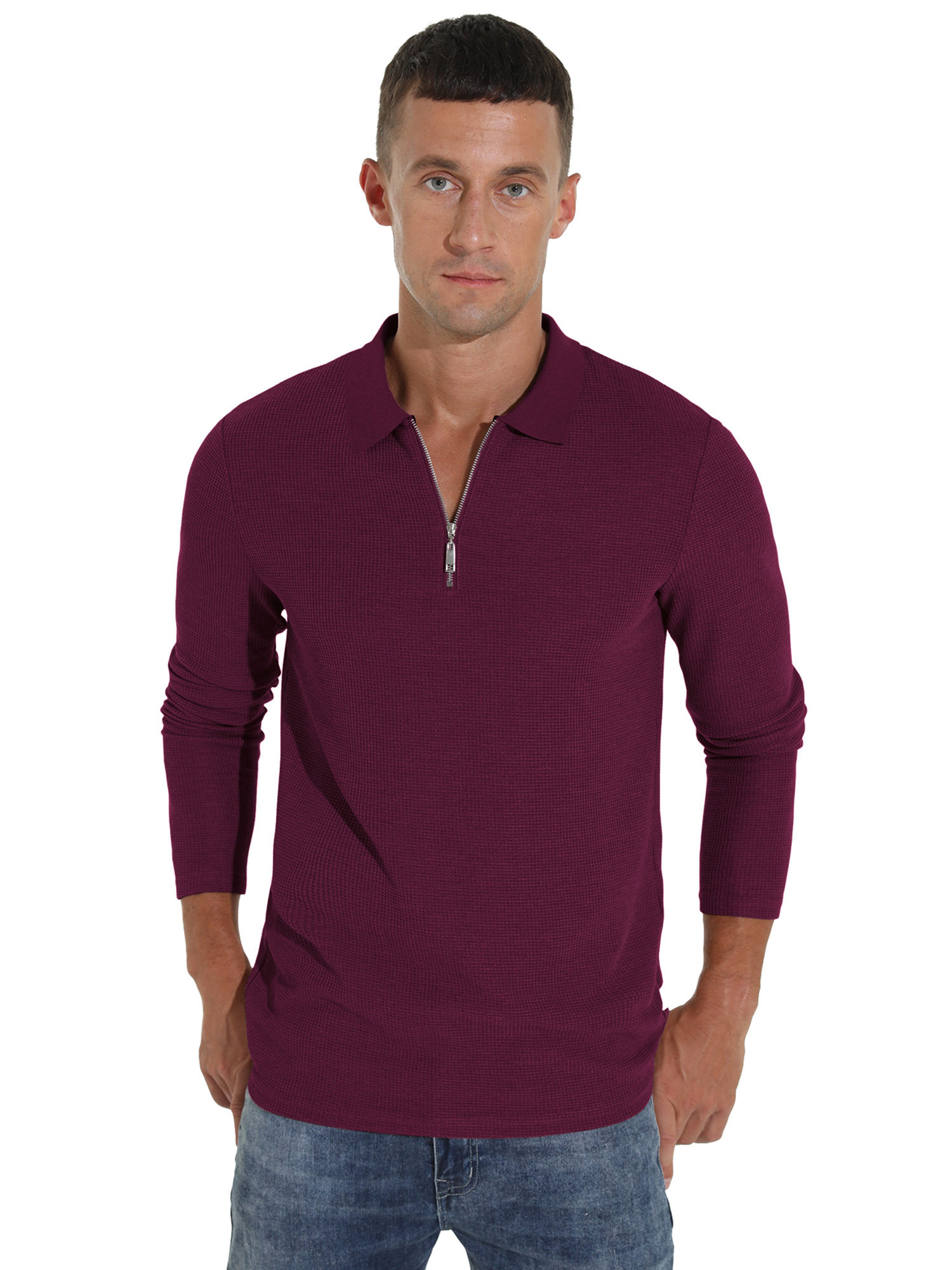 GIRUNS Men's Long Sleeve Quarter-Zip Waffle Knit Polo photo 2