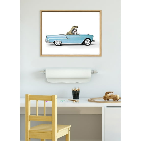 Kate and Laurel Sylvie Dino Driving 1958 Blue Corvette Framed Canvas Wall Art by Saint and Sailor Studios, 18x24 Natural, Cute Toy Car Art for Wall