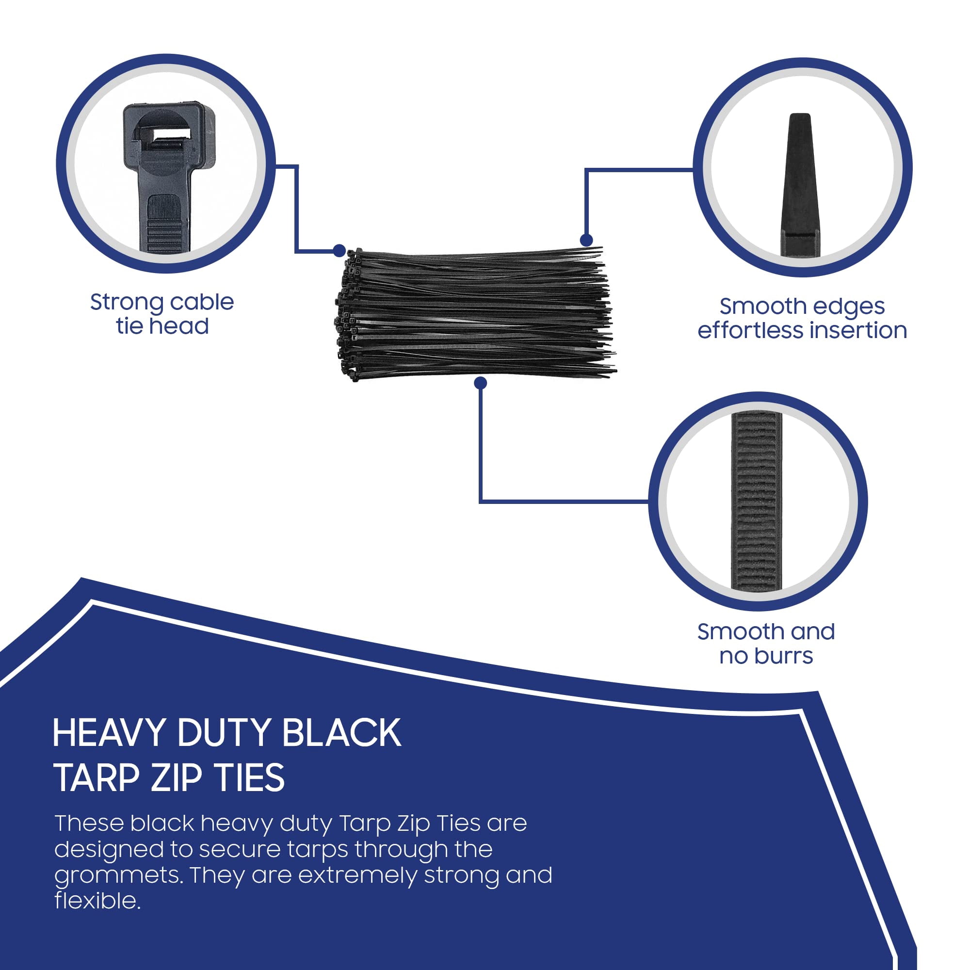 Tarps Now 8" Cable Ties, Self Locking Adjustable Nylon Zip Ties -Black (100Pcs)