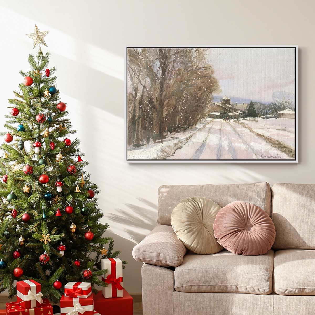 Indian Orchard Greek Orthodox Church - Framed Gallery Wrapped Holiday Canvas - 27 x 41 - White Frame