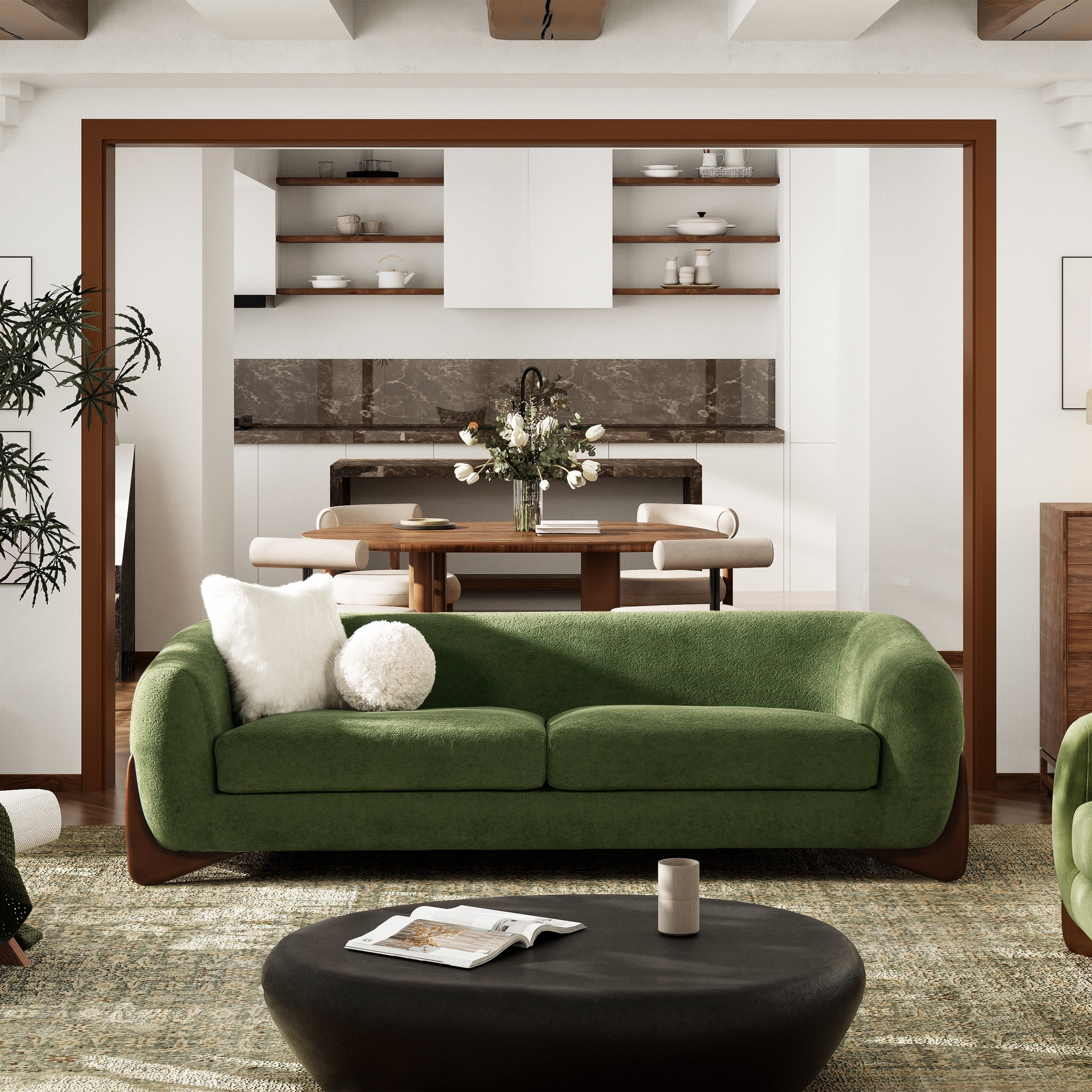 Jennifer Taylor Home Alpine 90.5" Modern Scandinavian Boucle Minimalist Round Arm Sherpa Sofa, Moss Green Fleeced Teddy