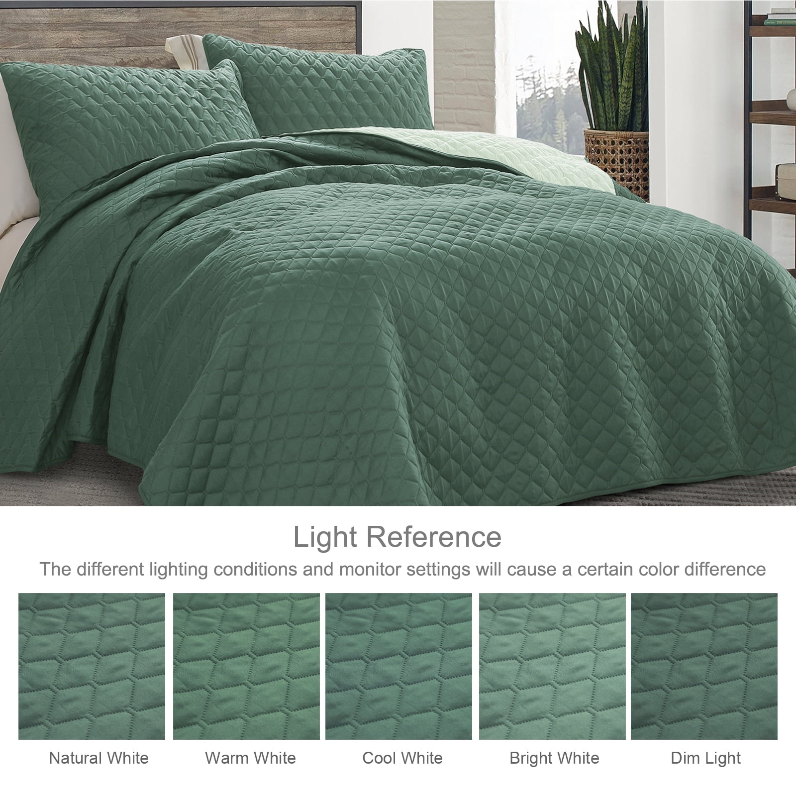 Exclusivo Mezcla King Size Quilt Set, 3-Piece Lightweight King Quilts Soft Bedspreads Bed Coverlets, Dark Green, 104"x96"